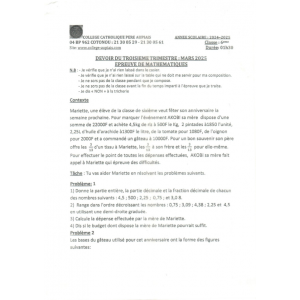 DEVOIR DU 3ÈME TRIMESTRE MATHEMATIQUES 6ÈME 2024-2025 COLLEGE CATHOLIQUE PERE AUPIAIS