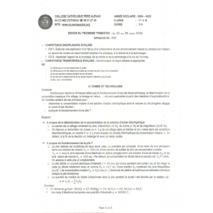DEVOIR DU 3ÈME TRIMESTRE PCT  1ERE C-D 2024-2025 COLLEGE CATHOLIQUE PERE AUPIAIS