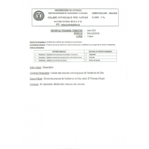 DEVOIR DU 3ÈME TRIMESTRE PHILOSOPHIE 1ERE G2 2024-2025 COLLEGE CATHOLIQUE PERE AUPIAIS