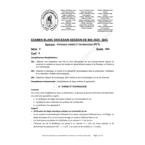 Baccalauréat Blanc Diocésain Mai 2025 – PCT – Série C – Sujet & Corrigé