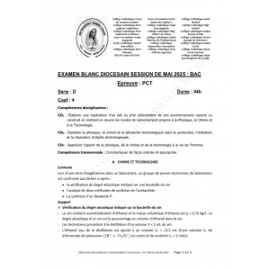 Baccalauréat Blanc Diocésain Mai 2025 – Physique-Chimie et Technologie – Série D – Sujet & Corrigé