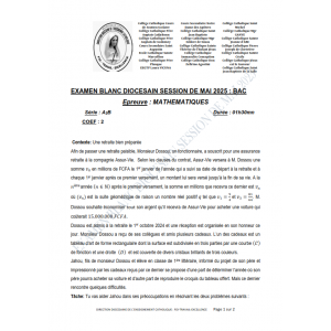 Bac Blanc Diocésain Mai 2025 – Mathématiques – Série A2B – Sujet et Corrigé