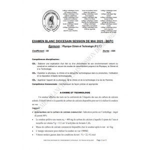 BEPC Blanc Diocésain Mai 2025 – Physique-Chimie et Technologie – Sujet et Corrigé