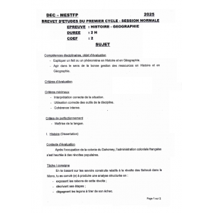 Épreuve et Corrigé Officiel – BEPC 2025 – Histoire-Géographie – Bénin