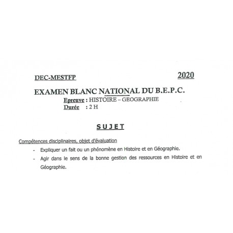 SUJET ET CORRIGE BEPC BLANC NATIONAL 2020 HISTOIRE-GEOGRAPHIE