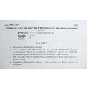 CONCOURS D'ENTRÉE AU LYCÉE D'ENSEIGNEMENT TECHNIQUE NIVEAU 2 PCT 2020